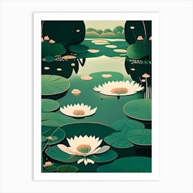 Pond With Lily Pads Water Waterscape Retro Illustration 1 Art Print