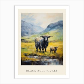 Black Bull & Baby By The Stream In The Highlands Impressionism Style Poster Art Print