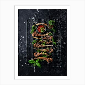 BBQ, Grill, Raw lamb — Food kitchen poster/blackboard, photo art Art Print