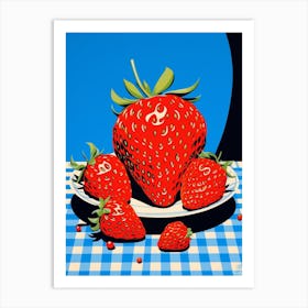 Strawberries Blue Checkerboard Art Print