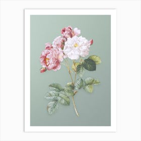 Vintage Pink Damask Rose Botanical Art on Mint Green n.0348 Art Print