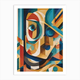 I am Here - Abstract Art Deco Geometric Shapes Oil Painting Modernist Picasso Inspired Bold Gold Green Turquoise Red Face Visionary Fantasy Style Wall Decor Trippy Cool Room Art Invoke Psychedelic Art Print