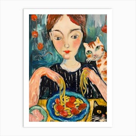 Portrait Of A Woman With Cats Eating Pasta 3 Art Print