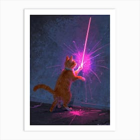 Cat Playing With Light Saber Art Print