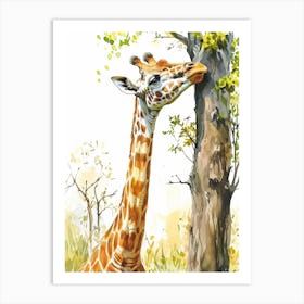 Giraffe By The Tree Watercolour 3 Art Print