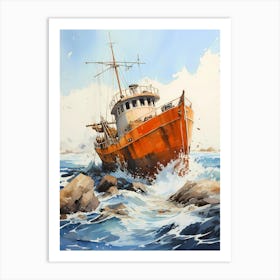 Old Fishing Boat Shipwrecked at Stormy Sea Art Print