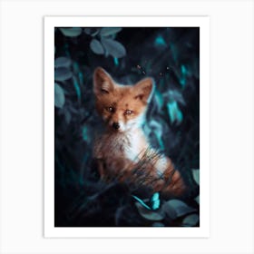 Baby Fox And Blue Butterfly in Green Forest 1 Art Print