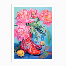 Oil Painting Of Hydrangea Flowers And Cowboy Boots, Oil Style 3 Art Print
