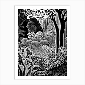 Bodnant Garden, 1, United Kingdom Linocut Black And White Vintage Art Print