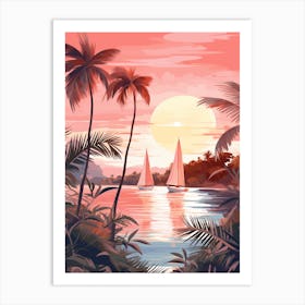 An Illustration In Pink Tones Of  Of Sailboats And Fern Vines 1 Art Print