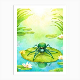 Anthropomorphic Spider Watercolor Style Sporting Cute Facial Features Sitting On A Lily Pad Atop Art Print