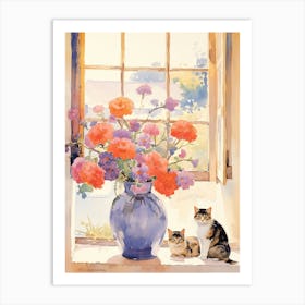 Cat With Anemone Flowers Watercolor Mothers Day Valentines 4 Art Print