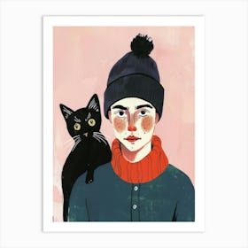 Illustration Of A Girl With A Cat Art Print