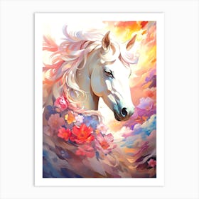 White Horse With Flowers Art Print