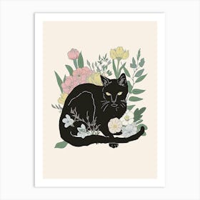 Cute Black Cat With Flowers Illustration 2 Art Print