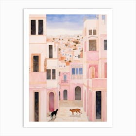 Mykonos Greece 1 Vintage Pink Travel Illustration Art Print