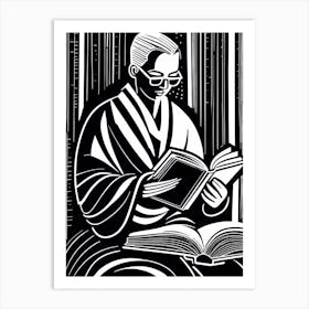 Reading A Book Linocut Black And White Painting, 321 Art Print