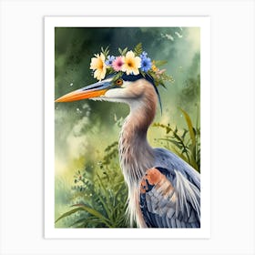 Blue Heron With Flower Crown Art Print