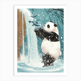 Giant Panda Catching Fish In A Waterfall Storybook Illustration 1 Art Print