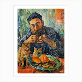 Portrait Of A Man With Cats Having Dinner 3 Art Print