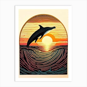 Dolphin And Sunset Linocut Art Print