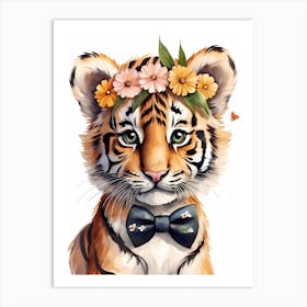 Baby Tiger Flower Crown Bowties Woodland Animal Nursery Decor (46) Art Print