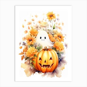 Cute Ghost With Pumpkins Halloween Watercolour 148 Art Print