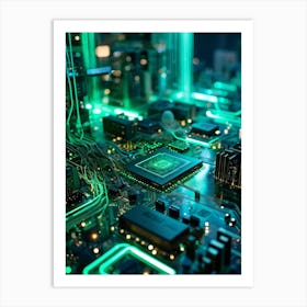 Abstract Concept Of A Cyberspace Landscape Motherboard Serving As Glowing Landscape Chips Function (1) Art Print