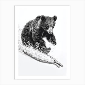Malayan Sun Bear Cub Sledding Down A Snowy Hill Ink Illustration 3 Art Print