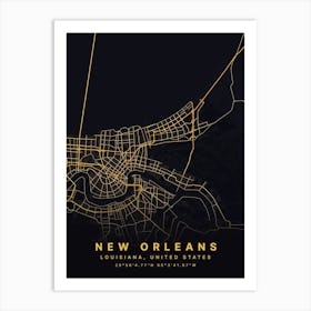 New Orleans Louisiana USA Black And Gold Map Art Print