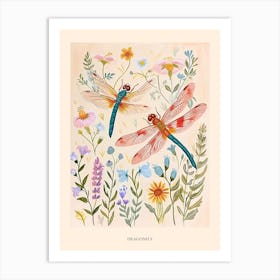 Folksy Floral Animal Drawing Dragonfly Poster Art Print