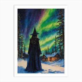 A Witch at The Northern Lights - Outside her Winter Cottage She Witnesses The Magick of Aurora Borealis, Spellcasting For Yule, The Winter Solstice Witches Christmas Wicca Wheel of the Year, Paganism Art Print by Lyra the Lavender Witch Art Print