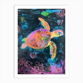 Neon Sea Turtle In The Sea At Night 3 Art Print