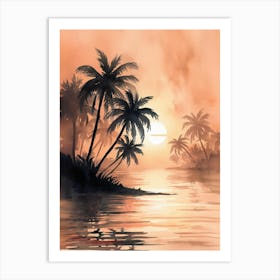 Watercolor Sunset With Palm Trees Art Print