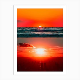 Orange Sunset On Ocean And City Art Print