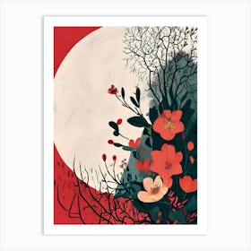 Red Flowers In Front Of The Moon Art Print
