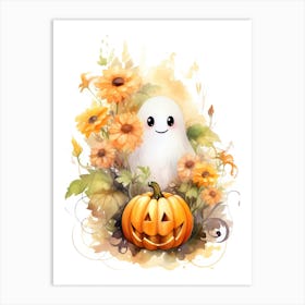 Cute Ghost With Pumpkins Halloween Watercolour 34 Art Print