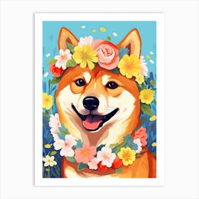 Shiba Inu Portrait With A Flower Crown, Matisse Painting Style 2 Art Print