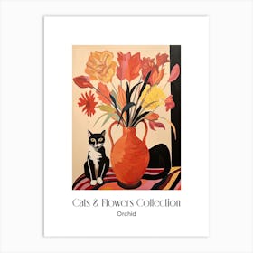 Cats & Flowers Collection Orchid Flower Vase And A Cat, A Painting In The Style Of Matisse 3 Art Print