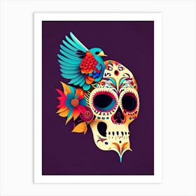 Skull With Bird Motifs Colourful Mexican Art Print