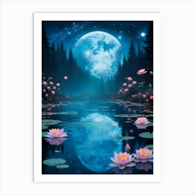 Moonlight Lily Pond Art Print