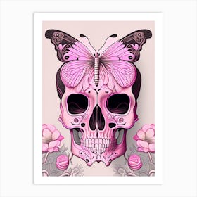 Skull With Butterfly Motifs 1 Pink Line Drawing Art Print