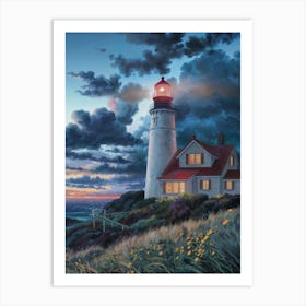 Lofi Lighthouse Art: A glowing red beacon on a coastal lighthouse, set against a dramatic evening sky. A cozy keeper's house glows warmly amid windswept grass and flowers, evoking nostalgic vibes. Art Print