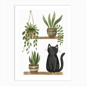 Black Cat With Plants Art Print