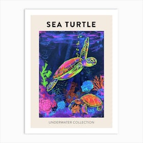 Neon Underwater Sea Turtle Poster 1 Art Print