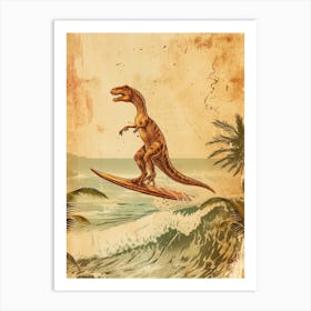 Vintage Utahraptor Dinosaur On A Surf Board 2 Art Print