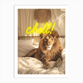 Lion on bed, neon Chill sign Art Print