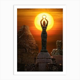 A Digital Painting Capturing The Merging Of Different Eras A Monumental Statue Of A Woman Holding T (1) Art Print