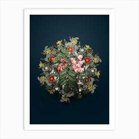 Vintage Robinier Rose Bloom Flower Wreath on Teal Blue n.1264 Art Print