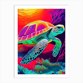 A Single Sea Turtle In Coral Reef, Sea Turtle Andy Warhol Inspired 1 Art Print